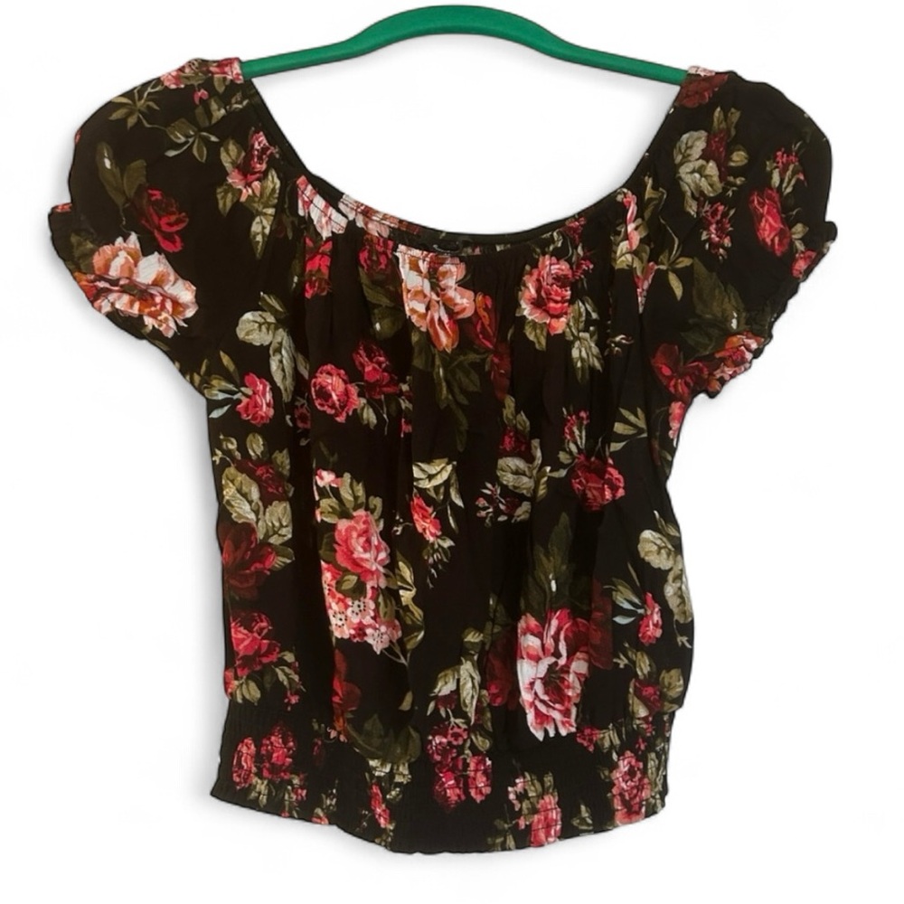 Ambiance Black Floral Off Shoulder Peasant Top with Elastic Waist Medium
